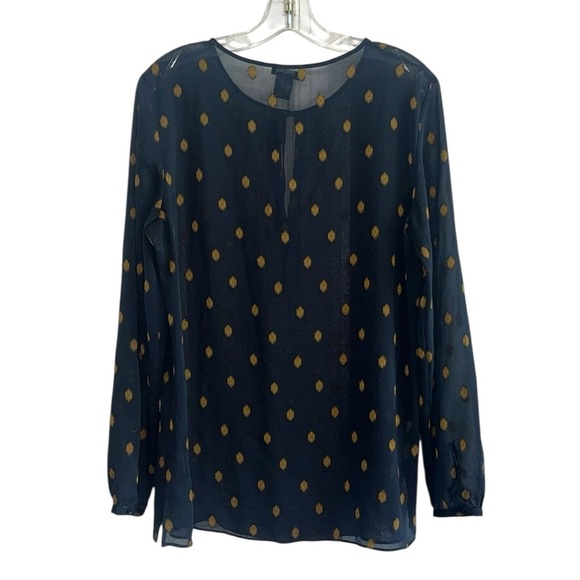 Ann Taylor Sheer Navy Blouse with Gold Embroidered Detail Size Medium - Picture 2 of 8